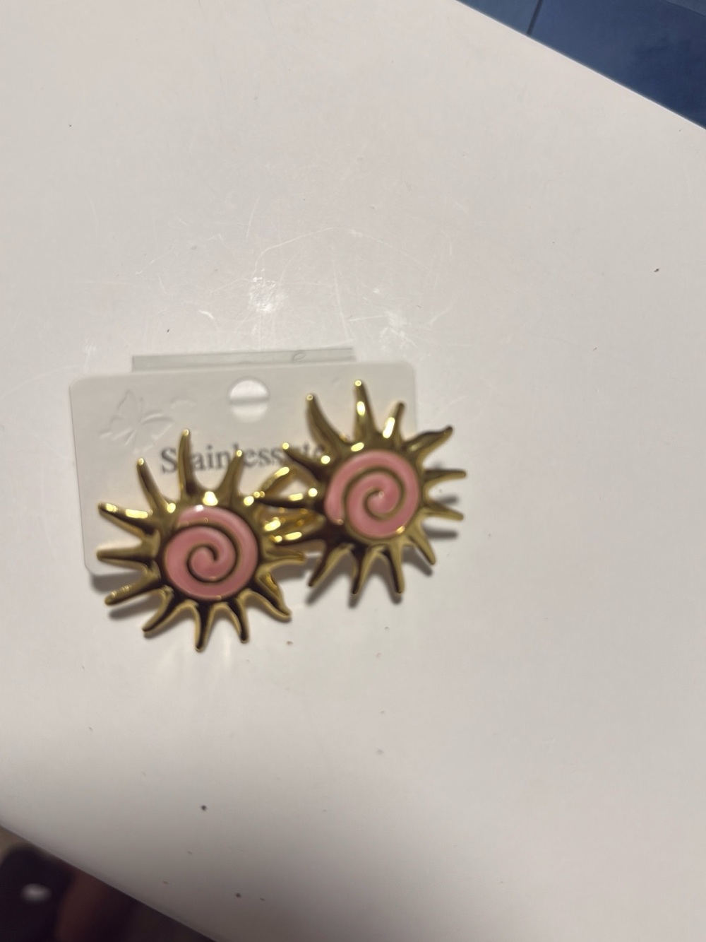 Pink Sunburst Stainless Steel Earrings - Gold Tone
